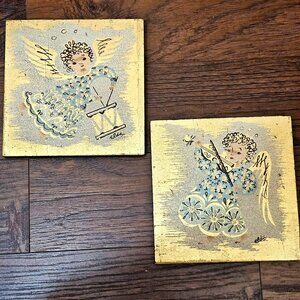 Holiday Folk Art Angel Wooden Wall Hanging 8" gold blue cherub handpainted (2)